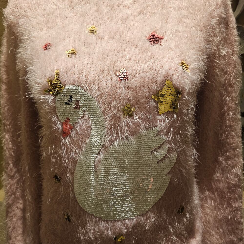 Wonder Nation Youth XL Swan Sweater Pink Fuzzy Graphic Soft Cozy Tween Cute - Picture 5 of 7